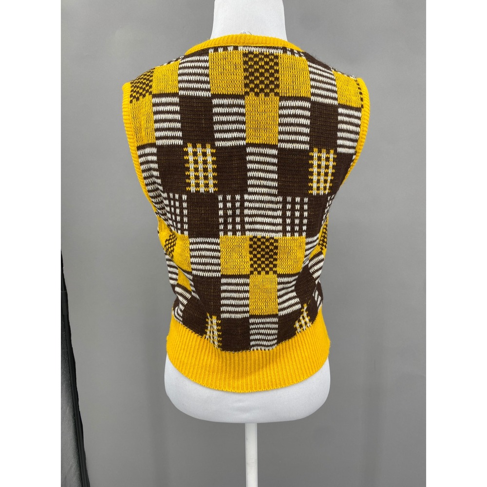 Ship 'n Shore Sweater Vest Women S Vintage 70s Yellow Brown Plaid Knit Geometric - Picture 3 of 13